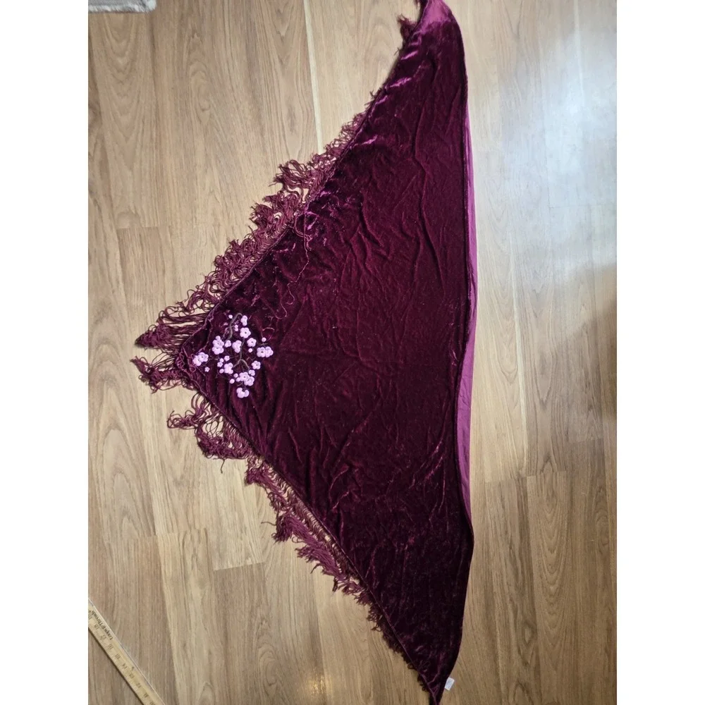 Y2K V-Shape Scarf Wrap Top Velvet Burgundy Tassel Floral